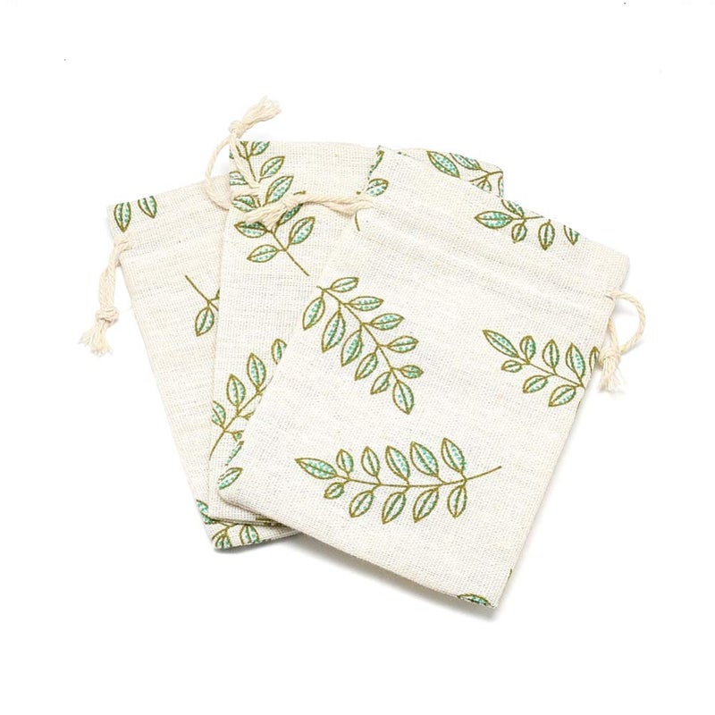 KISSITTY 50 Pack Cotton Cloth Storage Bags with Drawstring Easter 3.9x5.5 Inch Leaf Printed Reusable Jewelry Gift Pouches for Wedding Party Favor - Image 1
